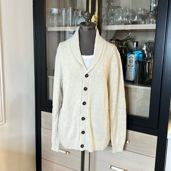 Old Navy button-up Cardigan cream Knit with shawl collar unisex sz Large oatmeal - Picture 1 of 12